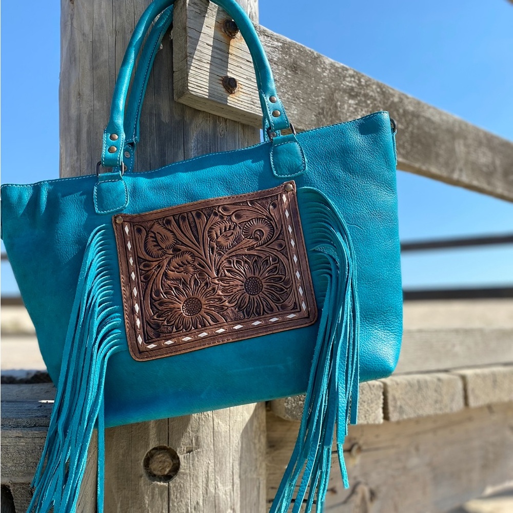 Turquoise tooled genuine leather bag